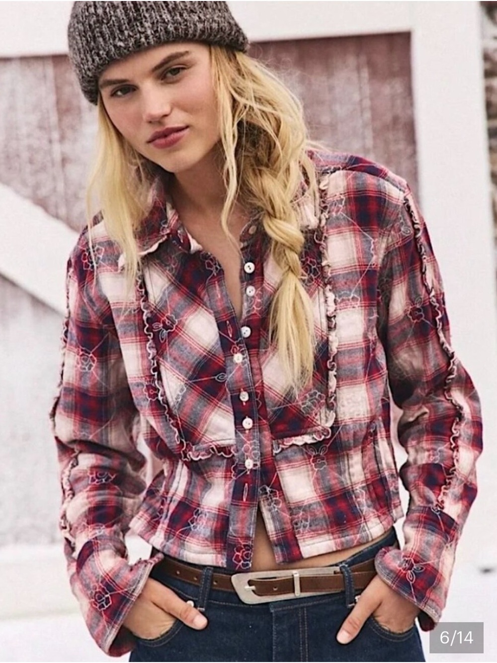 Free People/ We The Free Georgia Plaid Embroidered In Ivory Combo Size Large - Picture 1 of 8